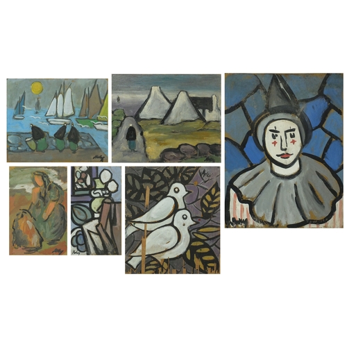 1328 - Six unframed watercolour and oil onto boards including figures by the sea, clowns and birds, each be... 