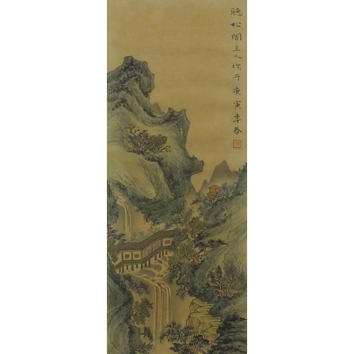 586 - Four Chinese waterfall landscapes, each with script and red seal marks, each mounted and framed, eac... 