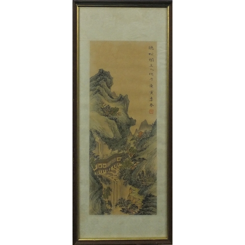 586 - Four Chinese waterfall landscapes, each with script and red seal marks, each mounted and framed, eac... 