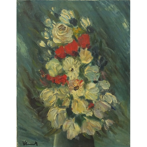 1329 - Unframed oil onto canvas, still life flowers, bearing a signature VL...?, 41cm x 33cm