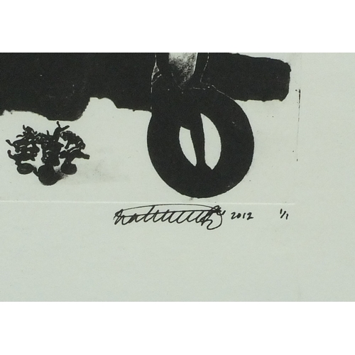 1330 - Two black and white prints, each bearing an indistinct signature, dated 2001 and 2012, one artist's ... 