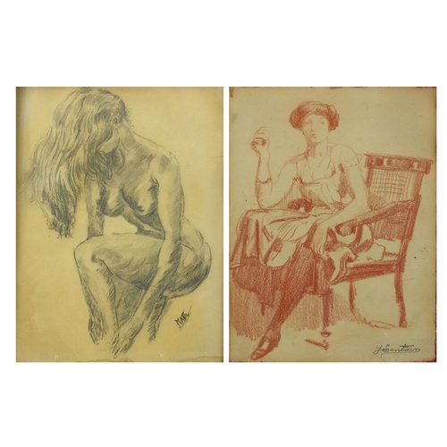 1331 - Pencil sketch of a nude female, together with an example with a seated female, one bearing a signatu... 