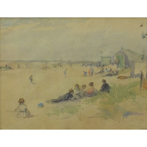 1332 - Impressionist watercolour, figures by the beach, bearing a signature Senterin, ornately gilt framed,... 