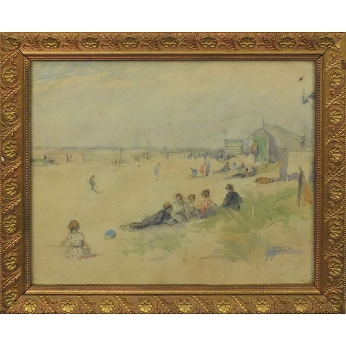 1332 - Impressionist watercolour, figures by the beach, bearing a signature Senterin, ornately gilt framed,... 