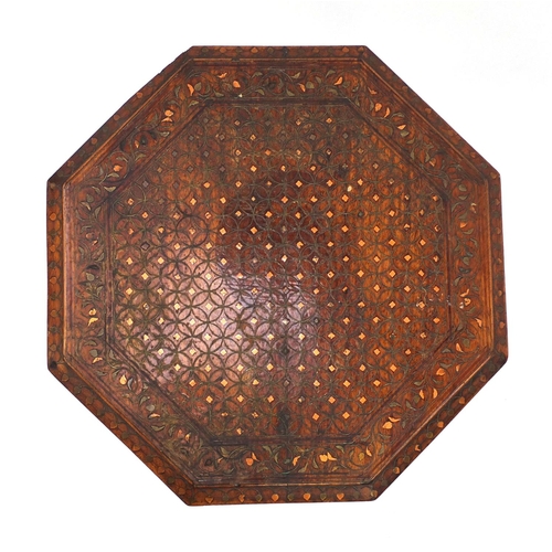 647 - Indian octagonal hardwood table on stand, with metal floral inlay together with a similar rectangula... 