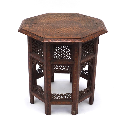 647 - Indian octagonal hardwood table on stand, with metal floral inlay together with a similar rectangula... 