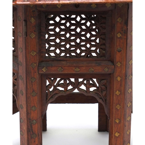 647 - Indian octagonal hardwood table on stand, with metal floral inlay together with a similar rectangula... 