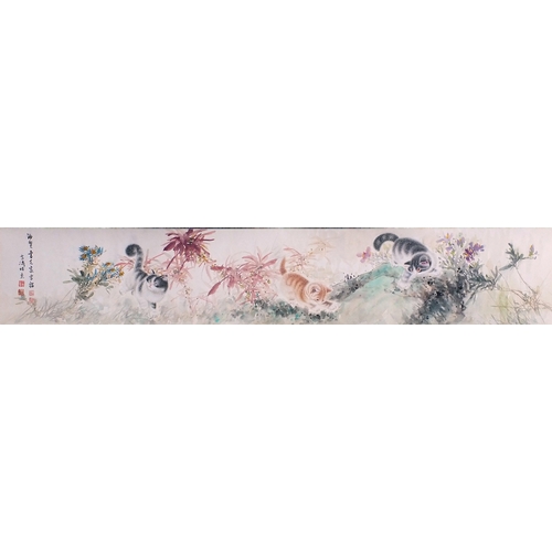 571 - Chinese watercolour onto panel hand scroll, attributed to Xuetao Wang and Kekia Cao, the central pan... 