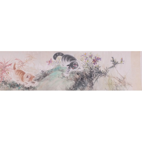 571 - Chinese watercolour onto panel hand scroll, attributed to Xuetao Wang and Kekia Cao, the central pan... 