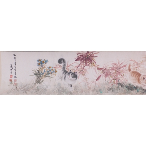 571 - Chinese watercolour onto panel hand scroll, attributed to Xuetao Wang and Kekia Cao, the central pan... 