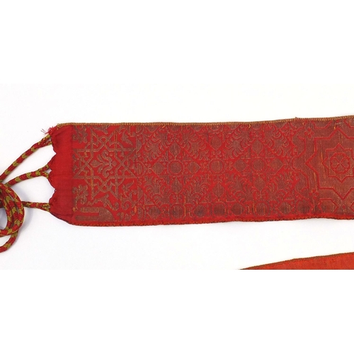 652 - 19th century Moroccan silk and cotton wedding belt/sash, decorated with stylised motifs, approximate... 