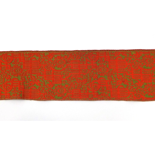 652 - 19th century Moroccan silk and cotton wedding belt/sash, decorated with stylised motifs, approximate... 