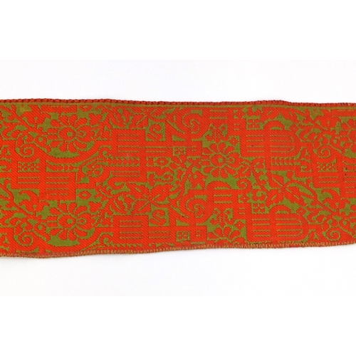 652 - 19th century Moroccan silk and cotton wedding belt/sash, decorated with stylised motifs, approximate... 