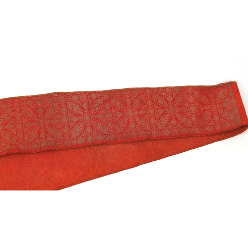 652 - 19th century Moroccan silk and cotton wedding belt/sash, decorated with stylised motifs, approximate... 