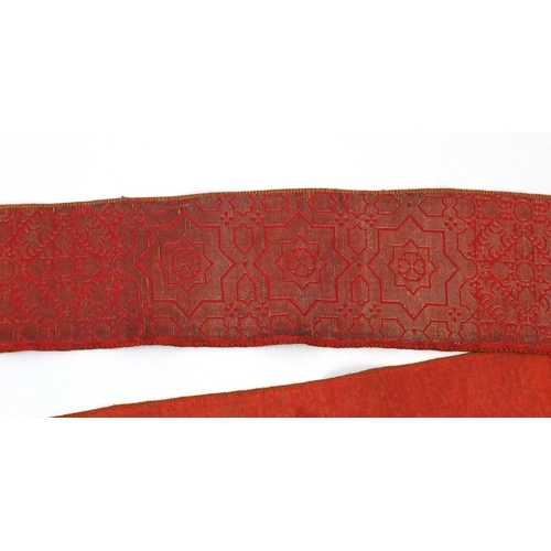 652 - 19th century Moroccan silk and cotton wedding belt/sash, decorated with stylised motifs, approximate... 