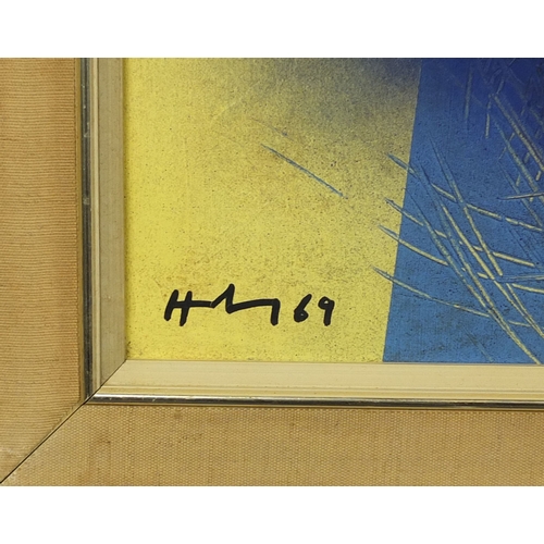 1183 - Oil onto canvas abstract composition, bearing an indistinct signature, inscribed H Hartung verso, mo... 