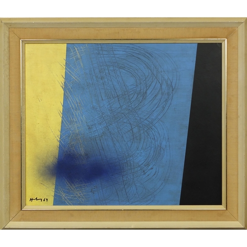 1183 - Oil onto canvas abstract composition, bearing an indistinct signature, inscribed H Hartung verso, mo... 