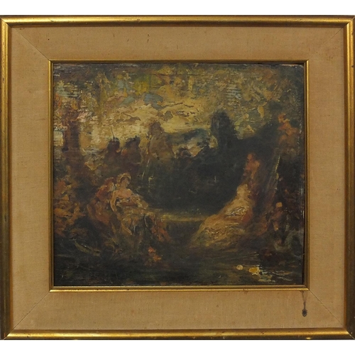 1197 - Oil onto wood panel, figures in a park, bearing an indistinct signature Mont....ll?, mounted and gil... 