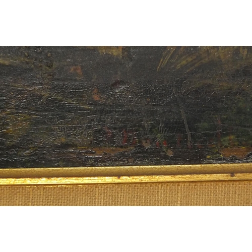 1197 - Oil onto wood panel, figures in a park, bearing an indistinct signature Mont....ll?, mounted and gil... 