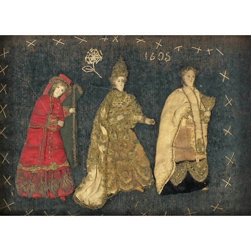 24 - Antique stumpwork picture of three figures, dated 1605, framed, 39cm x 28cm excluding the frame