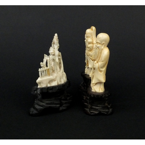 533 - Three Chinese carved ivory figures together with a carved ivory group of three figures below trees, ... 