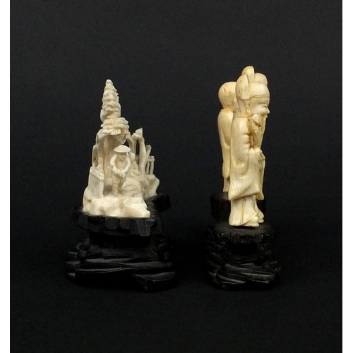 533 - Three Chinese carved ivory figures together with a carved ivory group of three figures below trees, ... 