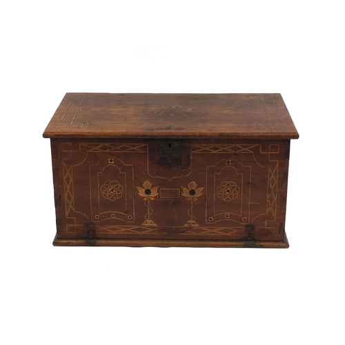 2008 - Colonial walnut chest with hinged lid, stylised floral inlay and iron carrying handles, 42cm high x ... 