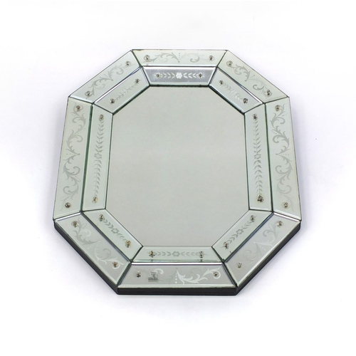 2009 - Venetian elongated octagonal mirror with bevelled and etched glass panels, 64cm x 49cm