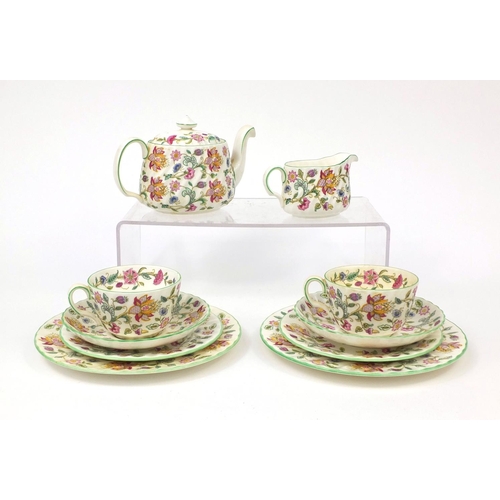 2263 - Minton's Haddon Hall Tea for Two including teapot and two trio's, factory marks to the bases, the te... 