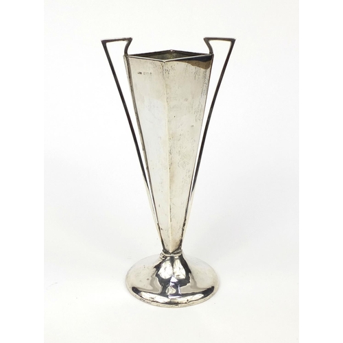 2452 - Art Deco twin handled bud vase of square tapering form, indistinct Birmingham hallmarks, 18.5cm high... 