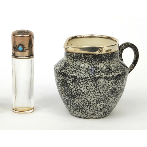 2441 - Three silver topped souvenir china items, together with a silver topped scent bottle, the souvenir c... 