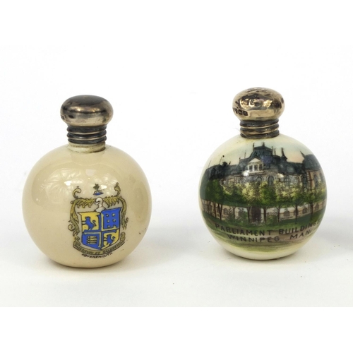 2441 - Three silver topped souvenir china items, together with a silver topped scent bottle, the souvenir c... 