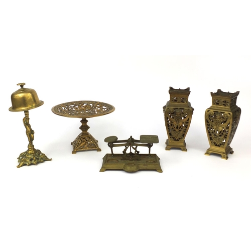 2373 - Group of mostly Victorian metal ware including table bell with putti column, pierced tarza decorated... 