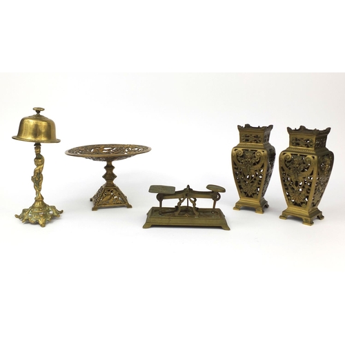 2373 - Group of mostly Victorian metal ware including table bell with putti column, pierced tarza decorated... 