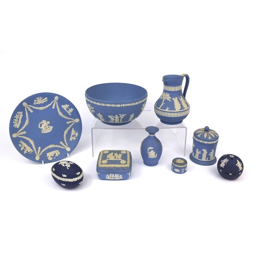 2279 - Wedgwood Jasper ware including bowl decorated with classical scenes, jug, pot and covers etc, the bo... 