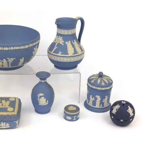 2279 - Wedgwood Jasper ware including bowl decorated with classical scenes, jug, pot and covers etc, the bo... 