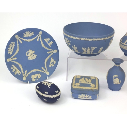 2279 - Wedgwood Jasper ware including bowl decorated with classical scenes, jug, pot and covers etc, the bo... 