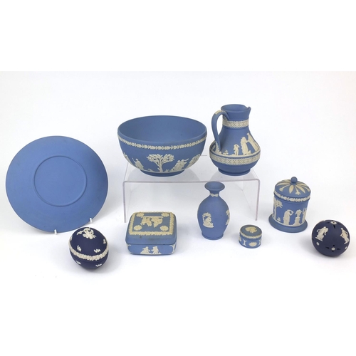 2279 - Wedgwood Jasper ware including bowl decorated with classical scenes, jug, pot and covers etc, the bo... 