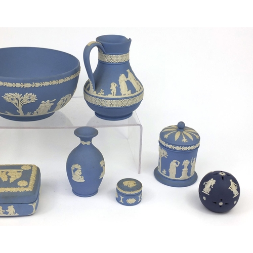 2279 - Wedgwood Jasper ware including bowl decorated with classical scenes, jug, pot and covers etc, the bo... 