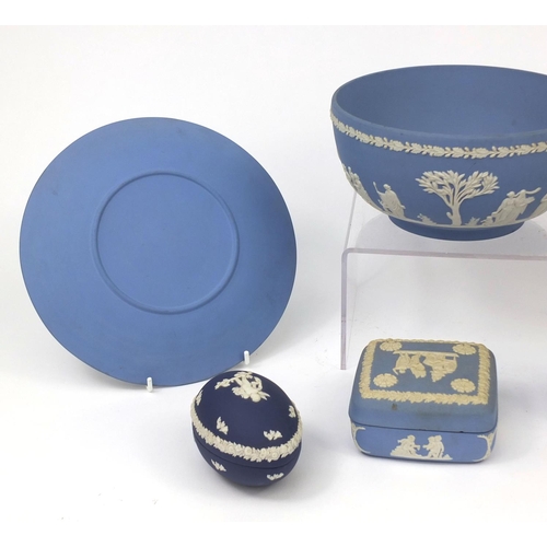 2279 - Wedgwood Jasper ware including bowl decorated with classical scenes, jug, pot and covers etc, the bo... 