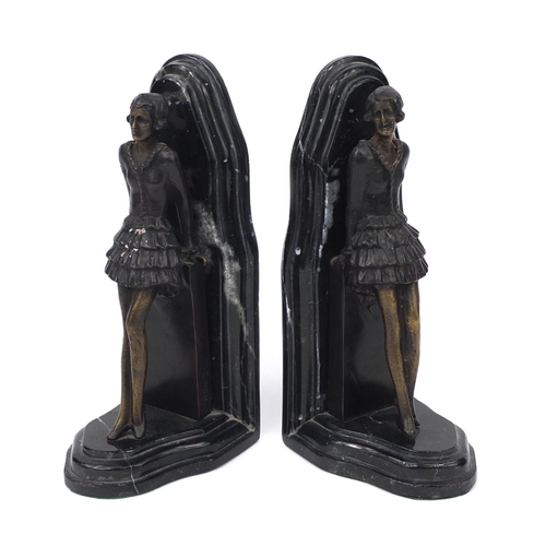 2239 - Pair of marble bookends each modelled with a bronze Art Deco female and bearing signatures Lorenzl, ... 