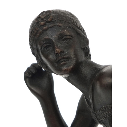 2259 - Bronze study of an Art Deco ballerina, raised on a circular faux marble base, signed F Priss, 35cm h... 