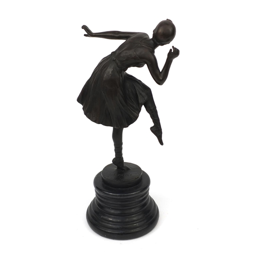 2259 - Bronze study of an Art Deco ballerina, raised on a circular faux marble base, signed F Priss, 35cm h... 