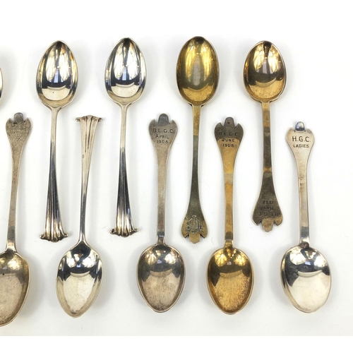 2464 - Collection of silver spoons including a pair of Victorian examples and a set of four teaspoons, the ... 