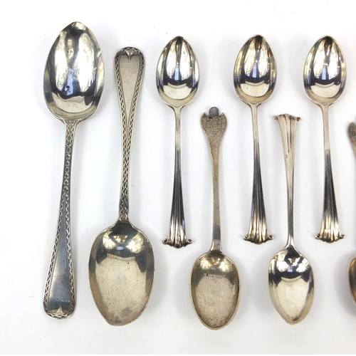 2464 - Collection of silver spoons including a pair of Victorian examples and a set of four teaspoons, the ... 