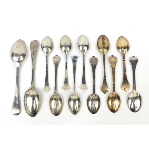 2464 - Collection of silver spoons including a pair of Victorian examples and a set of four teaspoons, the ... 