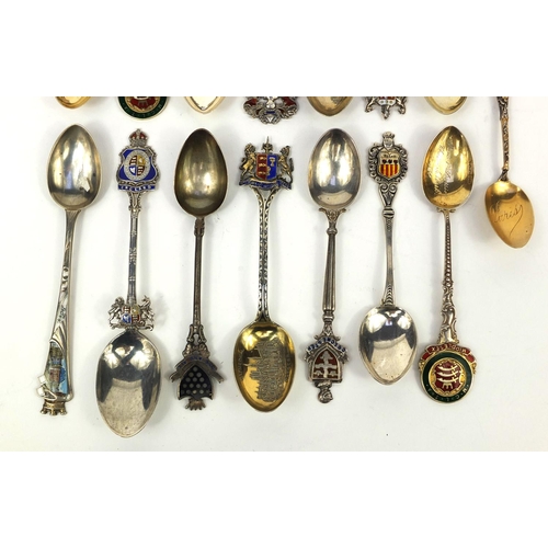 2465 - Collection of silver and enamel souvenir teaspoons including Tunbridge Wells, Middlesex, Bromley and... 