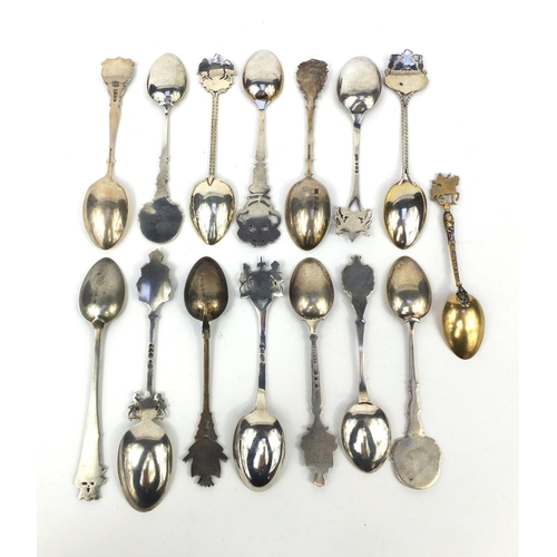 2465 - Collection of silver and enamel souvenir teaspoons including Tunbridge Wells, Middlesex, Bromley and... 