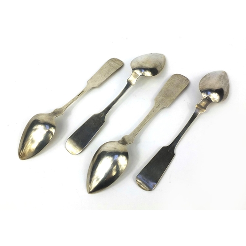 2467 - Matched set of four silver spoons, stamped J. Rudd & M Benedict, indistinct hallmarks, 19cm long, ap... 