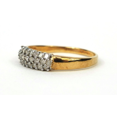 2580 - 9ct gold diamond three row ring, set with twenty two diamonds, size R, approximate weight 2.2g